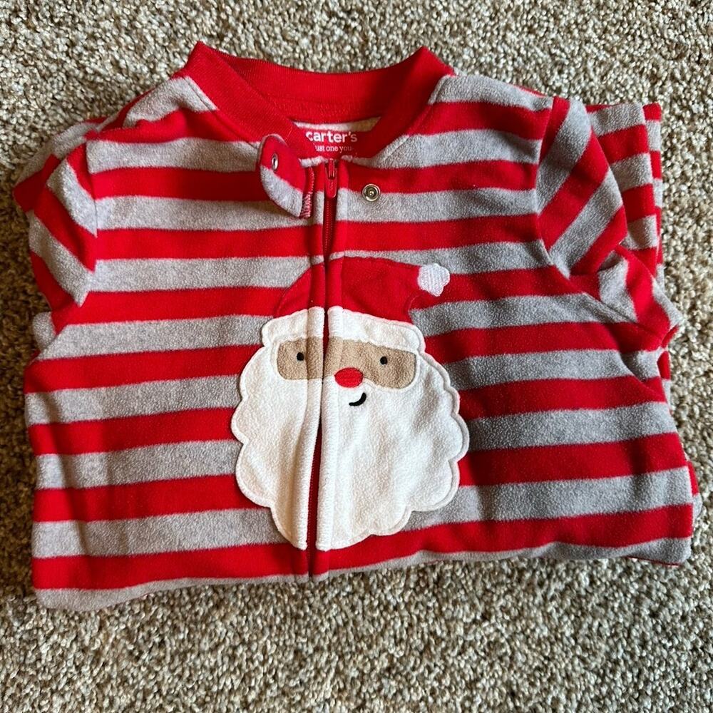 Carters fleece pajamas- Xmas- red and gray stripe with Santa